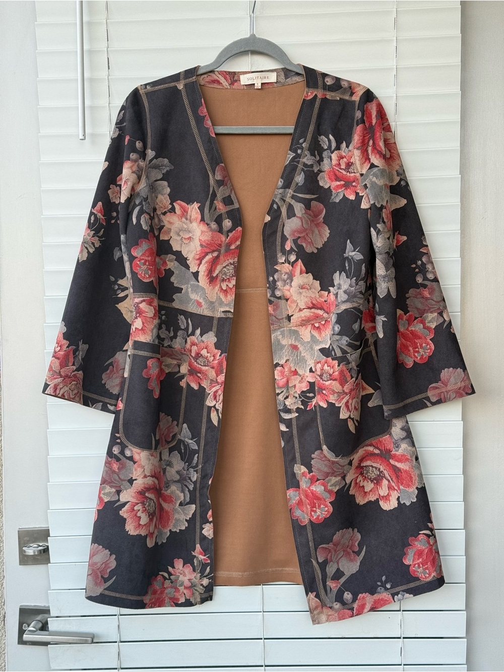 Solitaire Anthropologie Floral Faux Suede Open Front Duster Jacket Coat S Boho - Picture 5 of 13